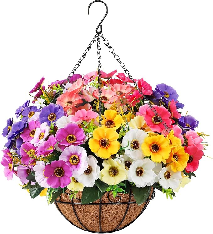 Ouddy Decor Artificial Hanging Flowers with Basket, Fake Silk Hanging Flowers in Coconut Lining Basket Faux Hanging Plants...