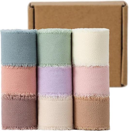 1" x 27 Yd Chiffon Ribbon Mixed Color Ribbons Set 9 Rolls Handmade Fringe Fabric for Wedding Invitations Bridal Bouquets D...