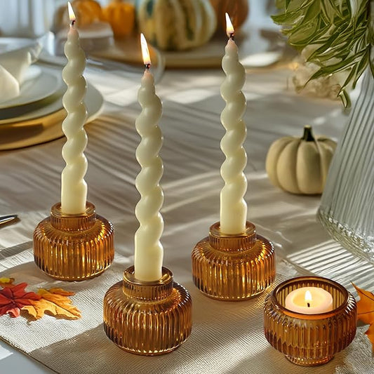 Kate Aspen Amber Taper Candle Holders for Candlesticks Set of 4 - Fluted Candlestick Holders for Fall Decor, Home Decor, V...