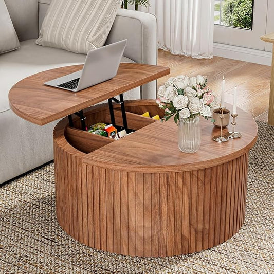 Fsbecl Fluted Lift Top Coffee Table with Hidden Storage, 31.6 Inch Modern Round Coffee Tables for Living Room, Wood Center...