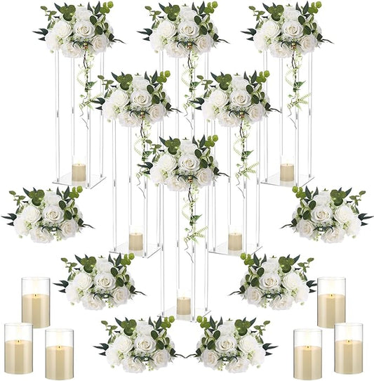 Daifunli 6 Set 20 Inch Acrylic Vase Stand Wedding Centerpieces Holder with Artificial Flower Balls and LED Lights Candles ...
