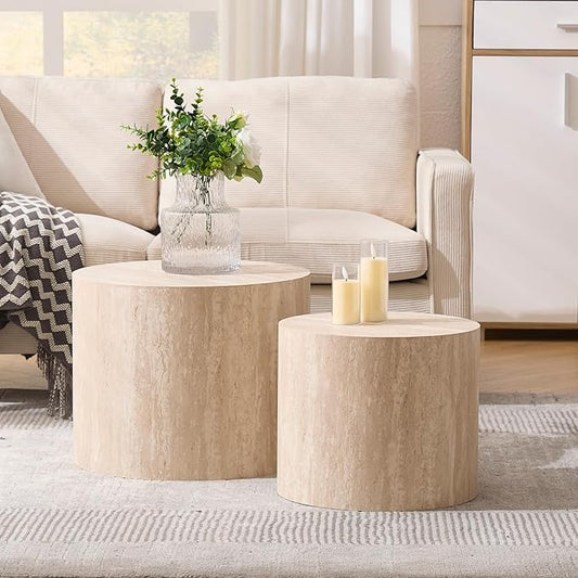 Ya-Home Round Coffee Tables Set of 2, Wood Nesting End Table Side Table for Living Room Balcony Office, No Assembling