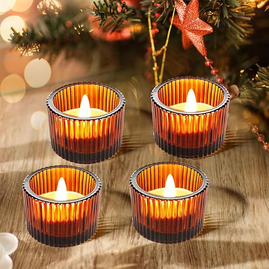 JOYIT Amber Votive Candle Holders Bulk Set of 4, Tealight Candle Holder for Wedding Table Centerpiece, Glass Small Candle ...