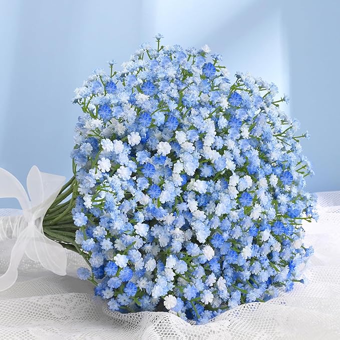 Elyum Babys Breath Artificial Flowers, 12 Pcs Long Stem Baby Breath Flowers Artificial Bulk, Real Touch Blue Fake Babys Br...