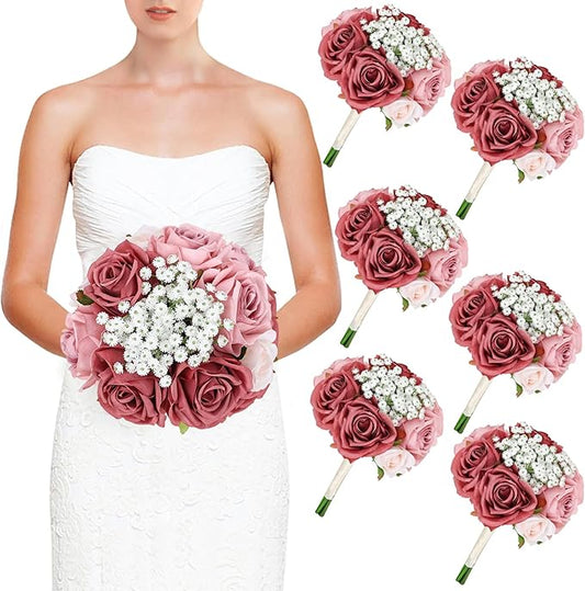 DIYDOFUN Wedding Bridesmaid Bouquets Set of 6, Artificial Silk Flowers Arrangement for Ceremony Marriage Proposal Party An...