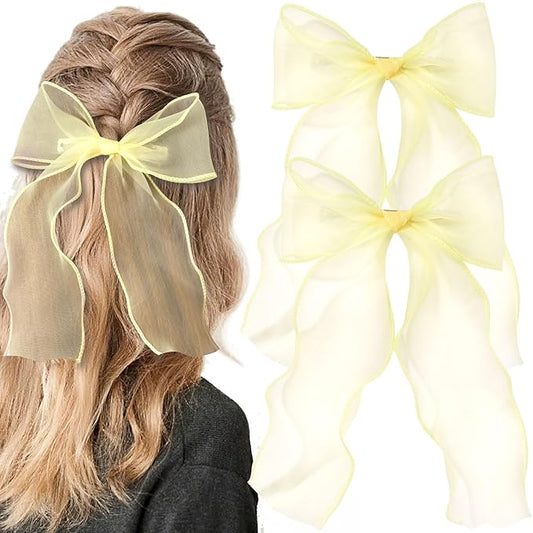Alpinleux 2 Pcs French Yellow Bows for Hair, Silk Yarn Ribbon Elegant Hair Bow, Big Hair Bows, Hair Ribbons for Women, Fes...