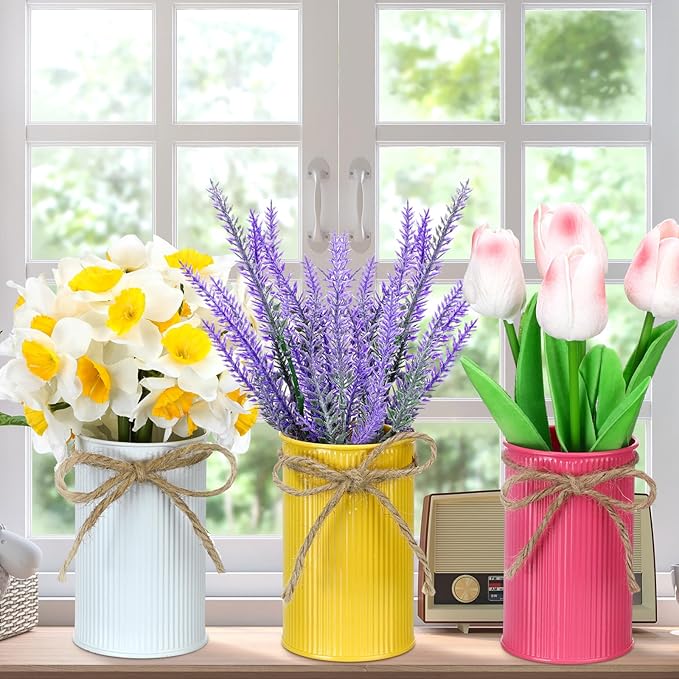 Zeyune 3 Pack Fake Potted Flowers Artificial Daffodils Flower Plants in Metal Pots Spring Artificial Flower Lavender Tulip...