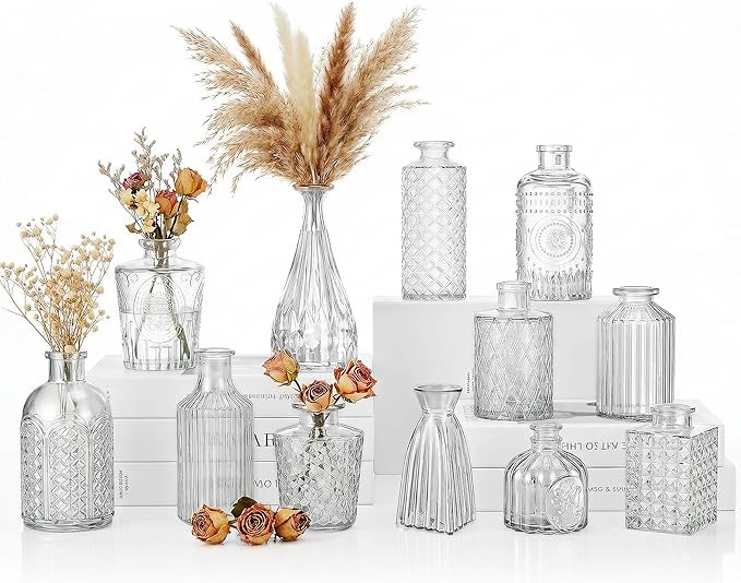 12 Pcs Clear Bud Vases Set, Small Vintage Glass Clear Bud Flower Vases Bulk Multiple Shape Cute Mini Glass Bottles Vases f...