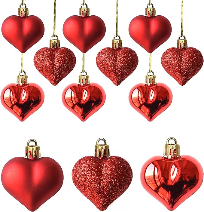 Tindobewan 12Pcs Heart Ornaments Multi Finish Heart Baubles Hanging Ornaments for Valentine’s Day Decor Mother's Day Chris...