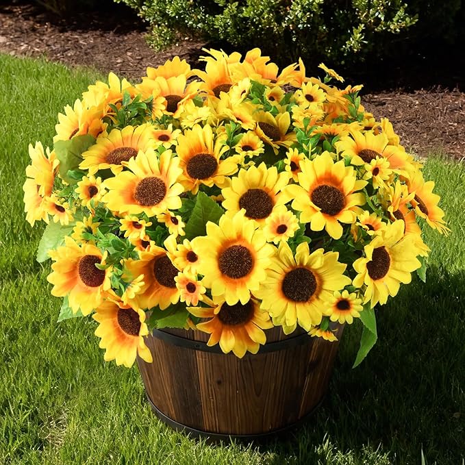Homsunny Fake Sunflowers Artificial Flowers for Outdoor Decoration, 6 Pcs Faux Silk Sunflowers Realistic UV Resistant for ...