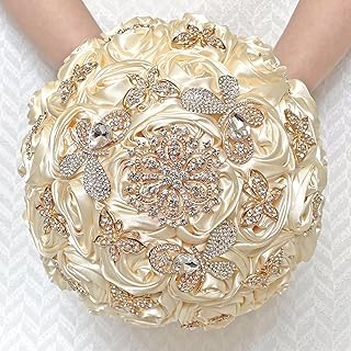 QingForBesty Handmade Floral Satin Rose Butterfly Shape Rhinestone Bridal Bouquet Luxury Golden Rhinestone Artificial Flow...
