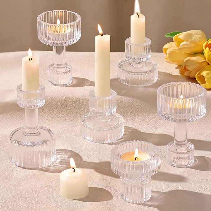 Candlestick Holders Bulk, 6 Pcs Clear Combination Candle Holders Set, Crystal Candle Holders for Wedding, Table Centerpiec...