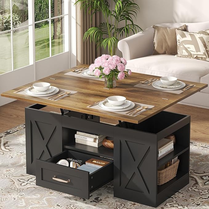 kepptory 39.4'' Lift Top Coffee Table with Storage, 4 in 1 Multi-Function Convertible Coffee Tables for Living Room, Farmh...