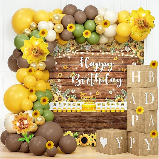 Hombae Sunflower Birthday Party Decorations, 149 PCs Yellow Flower Birthday Party Supplies with Backdrop, Balloon Garland,...