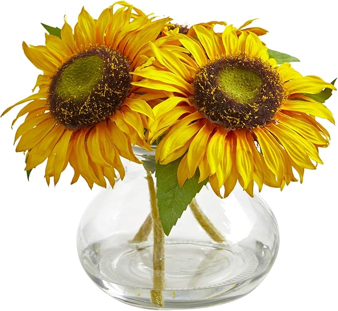 Nearly Natural Sunflower Artificial Glass Vase Silk Arrangements, Yellow