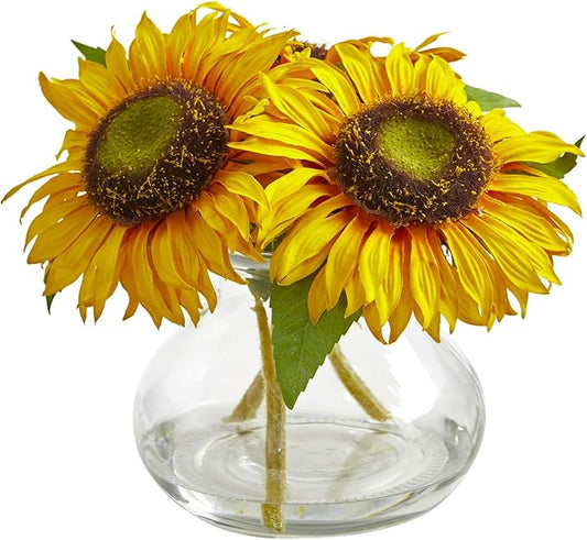 Nearly Natural Sunflower Artificial Glass Vase Silk Arrangements, Yellow