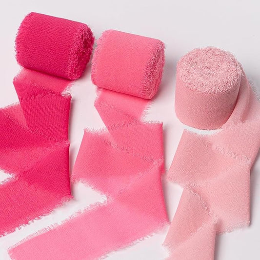 Sifleur Chiffon Ribbon, Hot Pink Pastel Pink 1.5''x21Yd Frayed Fringe Silk Ribbons for Gift Wrapping, Handmade Decor, Flor...