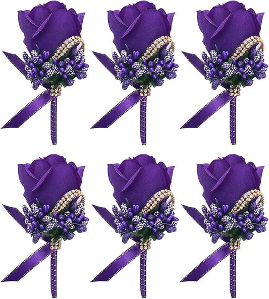 Febou Purple Wedding Rose Boutonniere with Pins for Men Wedding Groomsmen Best Man, Groom Boutonnieres for Party Prom Anni...
