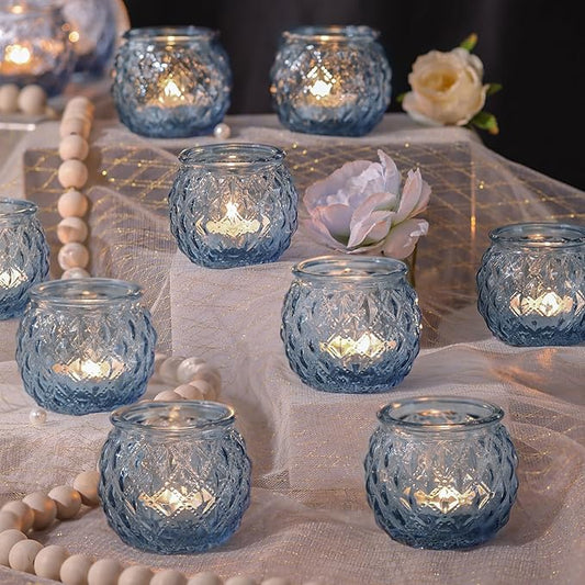 Generic DARJEN 12Pcs Blue Votive Candle Holders - Round Glass Candle Holders Bulk for Tea Light Candle, Diamond Texture Ca...