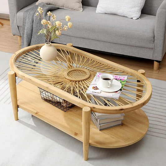 RUSTOWN Rattan Coffee Tables,2-Tier Oval Boho Cocktail Tables, Mid Century Modern Coffee Table with Rattan & Tempered Glas...