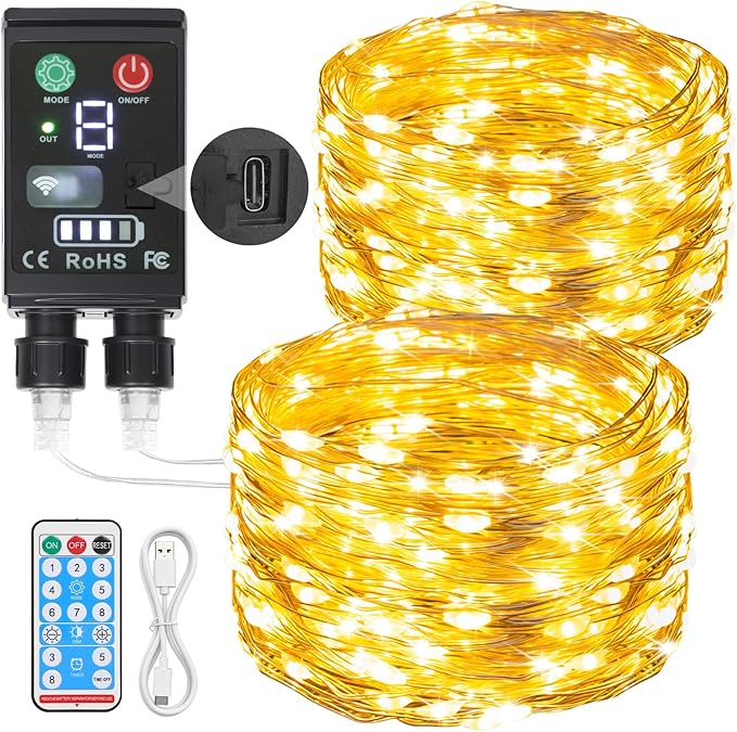 Lakumu 2-in-1 Rechargeable Fairy Lights Battery Operated, 66FT(2×33) Twinkle Lights with Remote & Timer, 200 LED String Li...