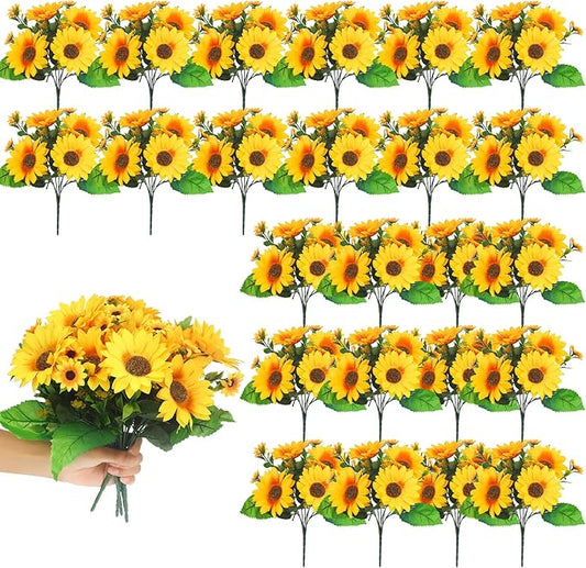 Redbaker 24 Bundles Sunflower Faux Mums for Outdoor Artificial Flower with Stems Bouquet Fake Plants Bulk UV Resistant Pla...