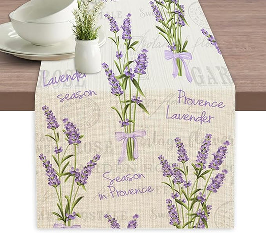 Table Runner Vintage Lavender Flower Table Runners Summer Seasonal Kitchen Dinning Decor for Indoor Outdoor Holiday Home W...