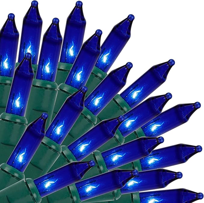 Blue Christmas Lights Indoor Outdoor, 33FT 150 Count Incandescent Mini Halloween String Lights, 120V UL Certified Green Wi...