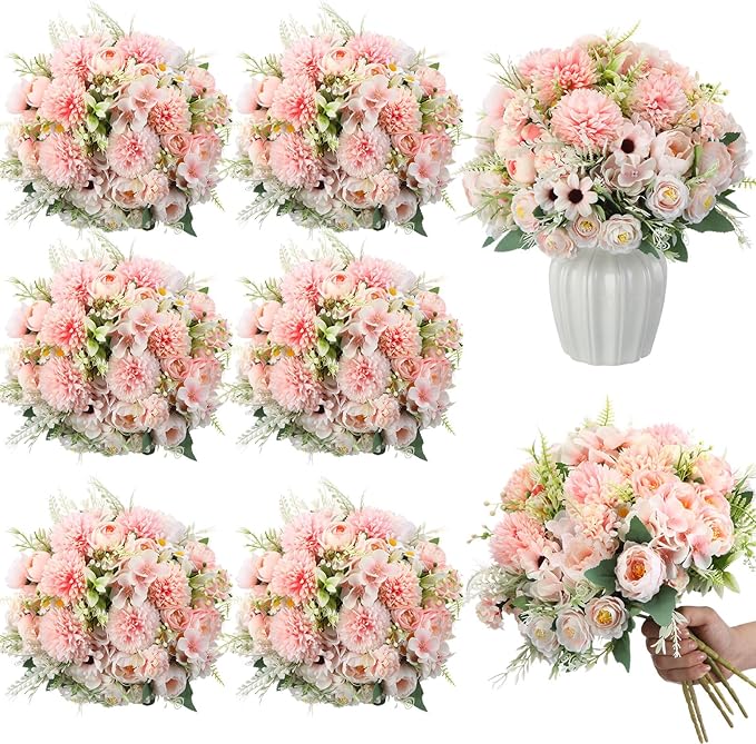 Tigeen 6 Bundles Artificial Bouquet Flowers Artificial Peonies Faux Roses Silk Flowers Hydrangea Bouquet for Wedding Table...