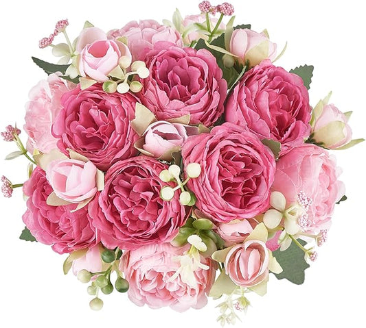 Mkono Peonies Artificial Flowers, Small Silk Flowers for Home Decor Indoor Fake Bouquet Faux Floral Arrangements Dining Ta...
