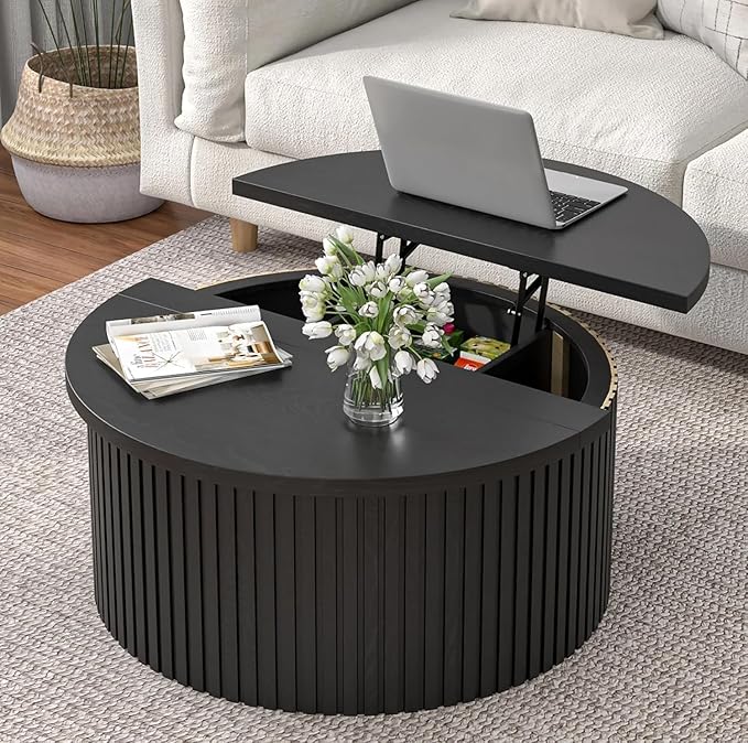 Fsbecl Fluted Lift Top Coffee Table with Hidden Storage, 31.6 Inch Round Coffee Tables for Living Room, Modern Circle Wood...