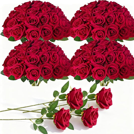 100 Pcs Fake Roses Bulk Red Artificial Flowers, Artificial Velvet Silk Roses Bouquet with Stems for Wedding Decoration, Fa...