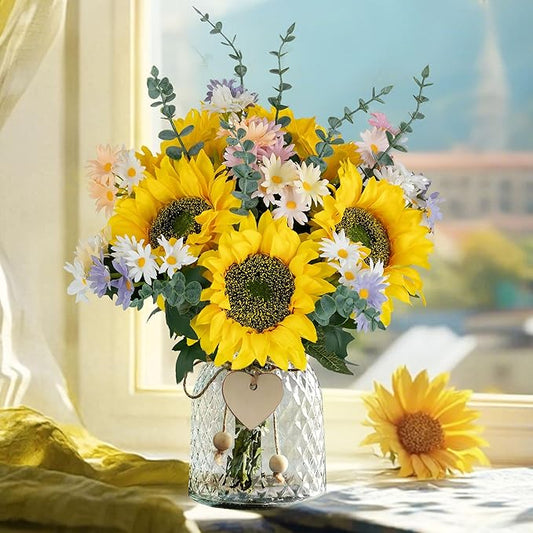 BLOSMON Sunflower Fake Flowers in Vase: Sunflowers Artificial Flowers with Vase for Table Centerpieces Decor - Silk Flower...