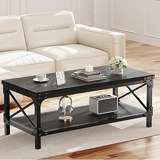 Rectangle Coffee Tables for Living Room, Wood Rectangular Coffee Table, 2 Tier Industrial Modern Center Table with Thicken...