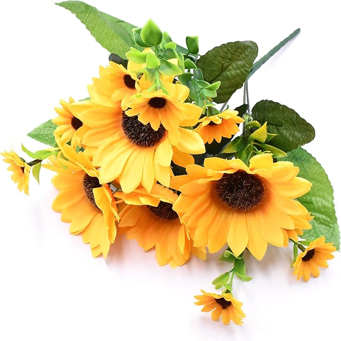 Aliotech Beautiful Yellow Sunflowers Artificial Flowers Mini Fake Sunflowers Bouquet with Stems for Home Decoration Party ...