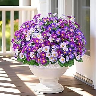 Realistic Artificial Flowers for Outdoors, 6 Bundles Full Daisy UV Resistant Artificial Outdoor Flowers, Faux Flowers for ...