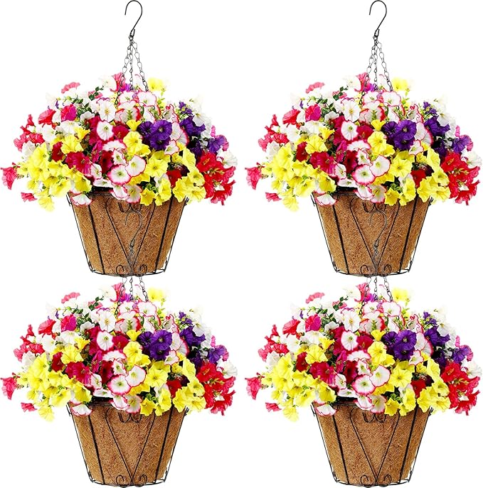 Suncalla 4 Sets Artificial Hanging Flowers with Basket, Faux Silk Colorful Morning Glory Flower Arrangement UV Resistant f...