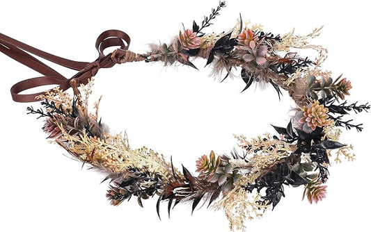 KorViSHOW Bridal Flower Leaf Crown Headpiece - Bohemian Artificial Floral Headband for Renaissance Halloween Renfaire