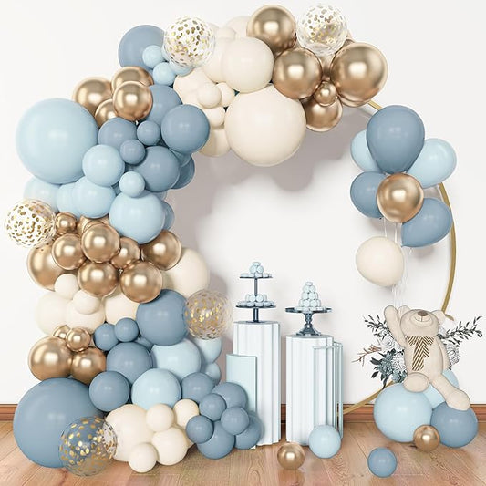 Amandir 153pcs Dusty Blue Balloon Garland Arch Kit, Different Sizes 18 12 10 5 inch Blue White Sand Latex Metallic Confett...