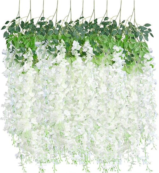 Tikroom 10 Pack Artificial Wisteria Hanging Flowers 3.6 Feet/Piece White Dense Fake Wisteria Vine Ratta Hanging Garland Si...