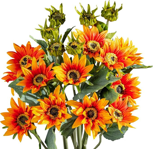 Afcvkc 15pcs Sunflowers Artificial Flowers Silk Fake Sunflower Realistic Faux Yellow Sun Bouquet Stems Floral for Home Wee...