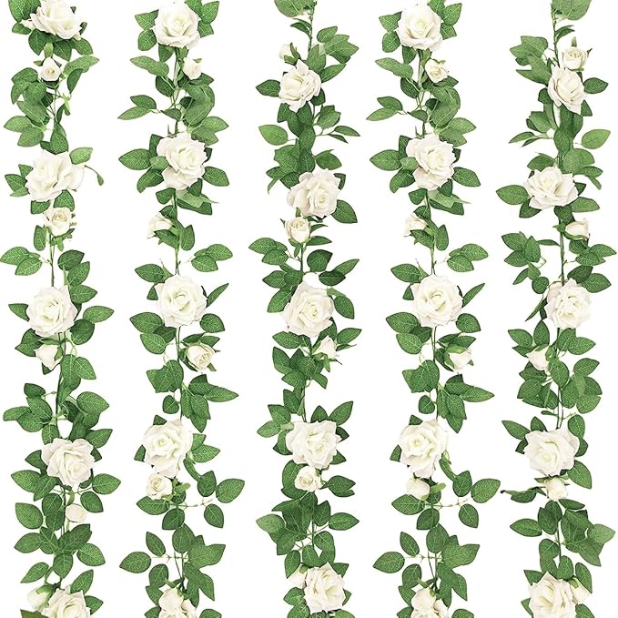 ZIFTY 5Pcs 32.5FT White Flower Garland Fake Vines Faux Artificial Floral Garland for Wedding Decortions Hanging Rose Ivy f...