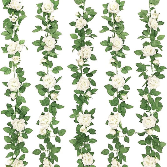 ZIFTY 5Pcs 32.5FT White Flower Garland Fake Vines Faux Artificial Floral Garland for Wedding Decortions Hanging Rose Ivy f...