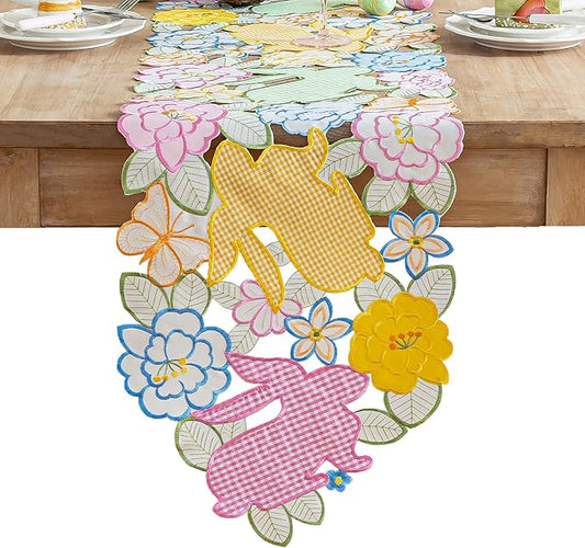 Joyfol Day Easter Checkered Bunny Table Runner, Cutwork Embroidered Plaid Rabbits Florals Table Runners, Spring Flowers Bu...