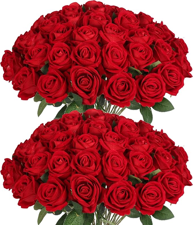 Jefuzh 50 PCS Fake Red Roses, Artificial Red Flowers Bulk Realistic Silk Faux Rose with Stems for Wedding Decoration Anniv...
