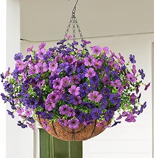 Artificial Faux Hanging Baskets Flowers Plants for Outdoor Spring Decoration, Fake Silk Daisy Outside Indoor UV Resistant ...