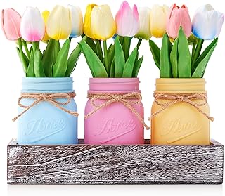 KIVIVO Mason Jar Spring Easter Table Decor, Centerpieces for Tables with Tulips Artificial Flowers, Farmhouse Wood Tray, 2...