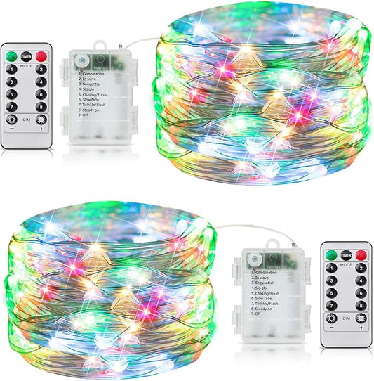 33Ft 100LED Outdoor String Lights, 2 Pack Fairy Lights Battery Operated with Remote, Waterproof Twinkle Lights for Bedroom...