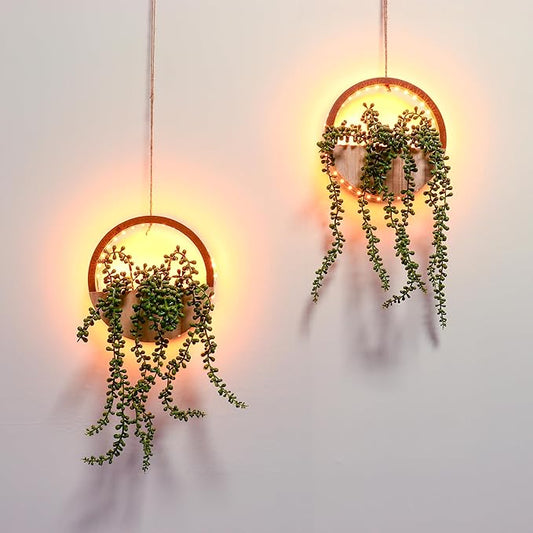 Comtelek 2pcs Artificial Hanging Plants with Lights Fake Succulents Plant in Pot Boho Wall Decor Fake String of Pearls wit...