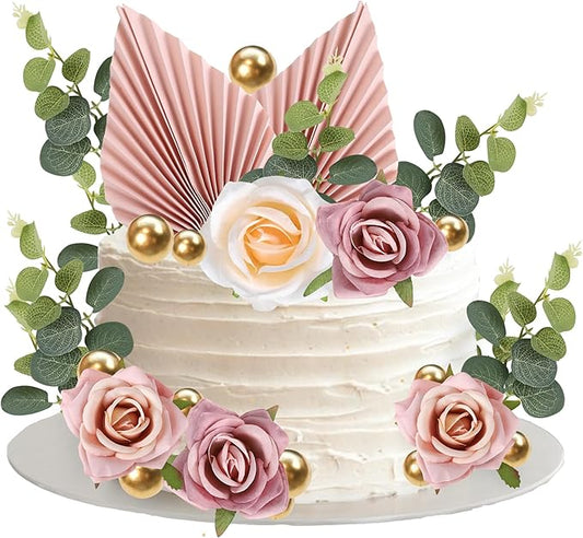 Rsstarxi 22 Pack Rose Artificial Flower Leaves Cake Decorations Gold Balloon Paper Palm Fan Cake Toppers for Happy Mother'...